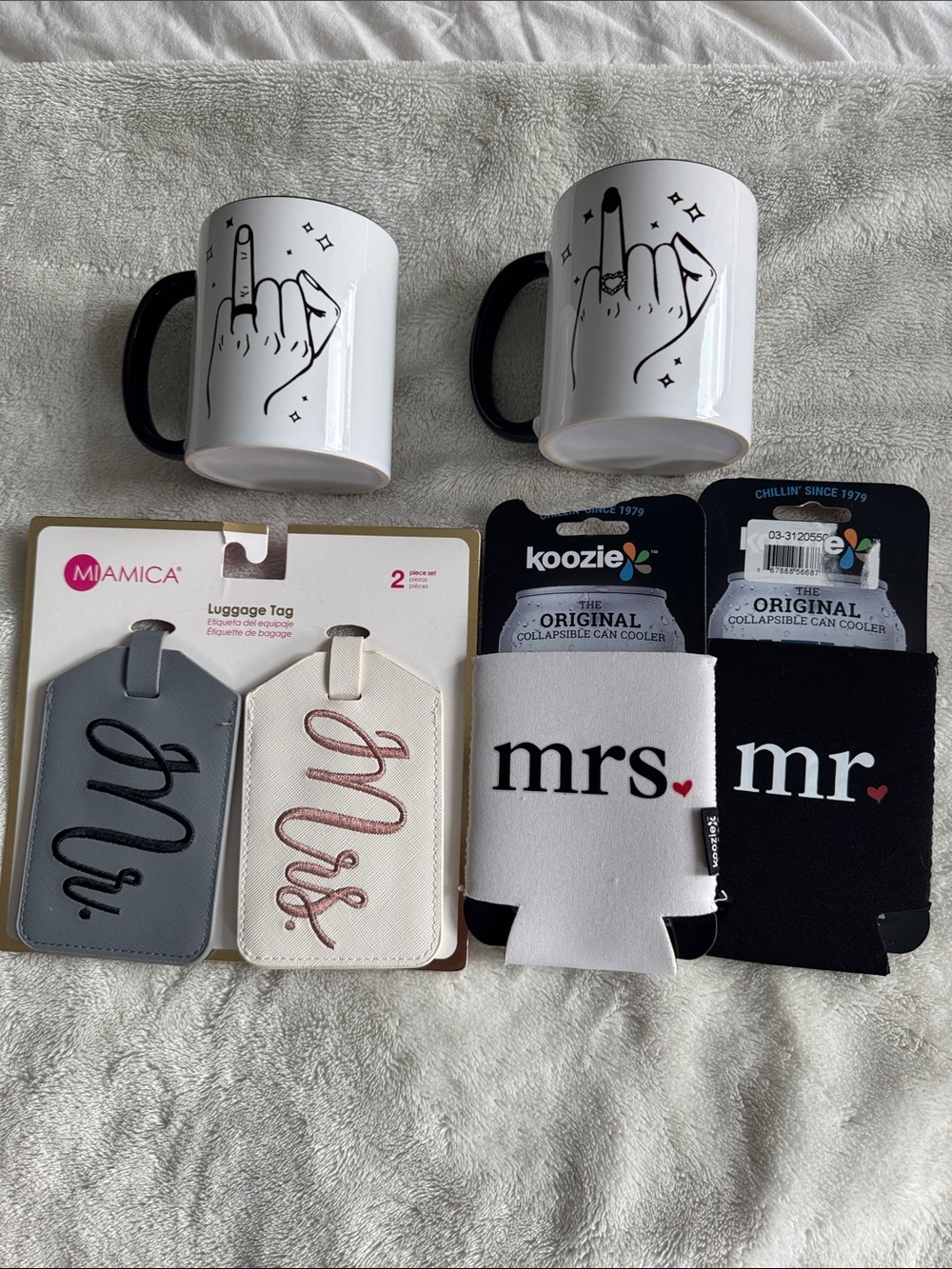Couple Gift Set: 'Mr.' & 'Mrs.' Can Coolers + Middle Finger Mugs